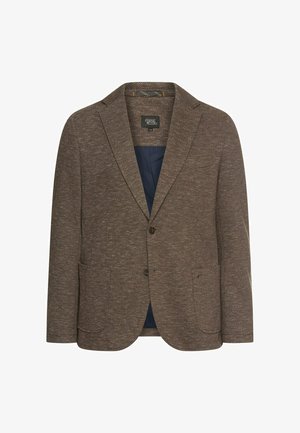 Brun tekstureret blazer med to frontlommer, en enkelt knaplukning og en blå indvendig foring. Skræddersyet design med notch-lapel.