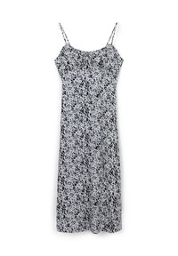 Abito midi senza maniche con spalline sottili e motivo astratto maculato nero su sfondo grigio chiaro, aderente sul busto.