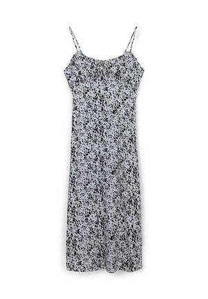 Abito midi senza maniche con spalline sottili e motivo astratto maculato nero su sfondo grigio chiaro, aderente sul busto.