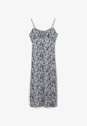 Abito midi senza maniche con spalline sottili e motivo astratto maculato nero su sfondo grigio chiaro, aderente sul busto.