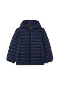 Marineblauwe gewatteerde jas met capuchon, uitgerust met een rits aan de voorkant, horizontale stiksels en elastische manchetten voor warmte en comfort.