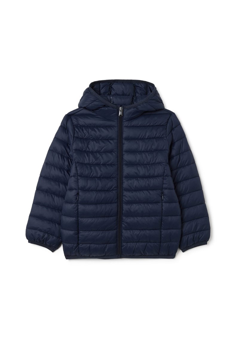 Marineblauwe gewatteerde jas met capuchon, uitgerust met een rits aan de voorkant, horizontale stiksels en elastische manchetten voor warmte en comfort.