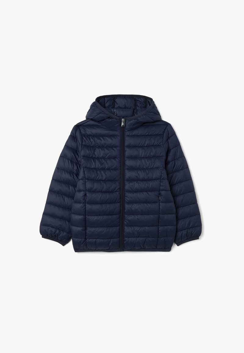 Giacca puffer navy con cappuccio, dotata di chiusura frontale con zip, cuciture orizzontali e polsini elasticizzati per calore e comfort.