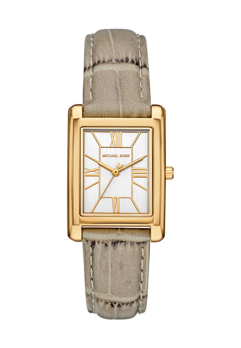 Reloj cuadrado tono dorado con correa de cuero texturizada en gris claro. La esfera blanca presenta líneas geométricas y acentos dorados. Nombre de la marca visible.