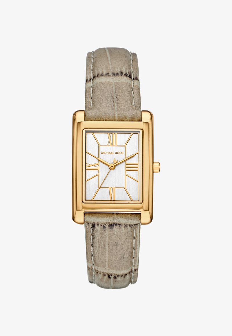 Reloj cuadrado tono dorado con correa de cuero texturizada en gris claro. La esfera blanca presenta líneas geométricas y acentos dorados. Nombre de la marca visible.