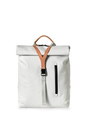 Roll-top backpack in light gray material with a leather top handle and straps. Features a front zip pocket and adjustable side straps.