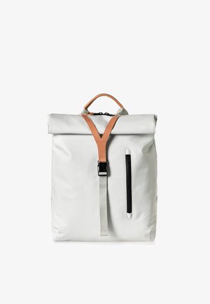 Roll-top backpack in light gray material with a leather top handle and straps. Features a front zip pocket and adjustable side straps.