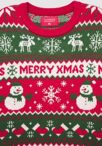 Maglione lavorato a maglia rosso e verde con pupazzi di neve, renne, fiocchi di neve e "Merry XMAS" in bianco, con colletto a coste e motivi festivi.