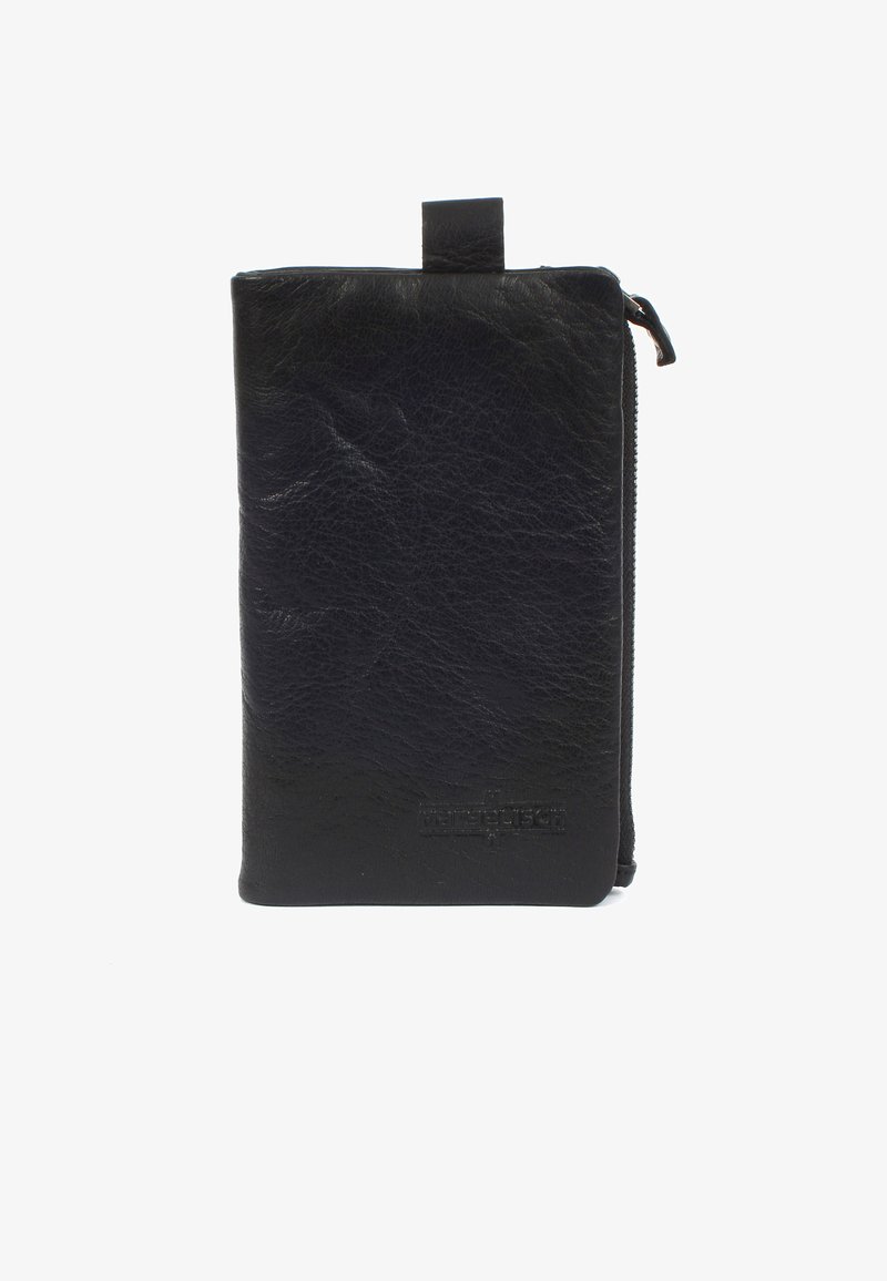 Black leather wallet with a textured surface, vertical design, zip closure, and a tag embossed on the front. Compact and functional.