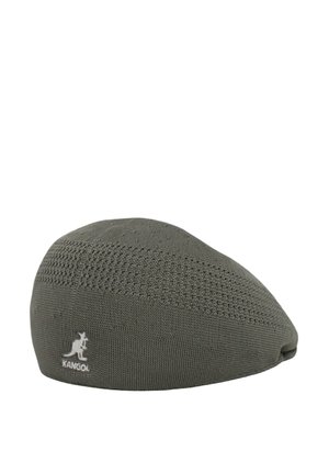 Berretto Kangol in verde oliva, realizzato in tessuto tessuto a trama. Presenta una forma arrotondata e un piccolo logo ricamato sul lato.