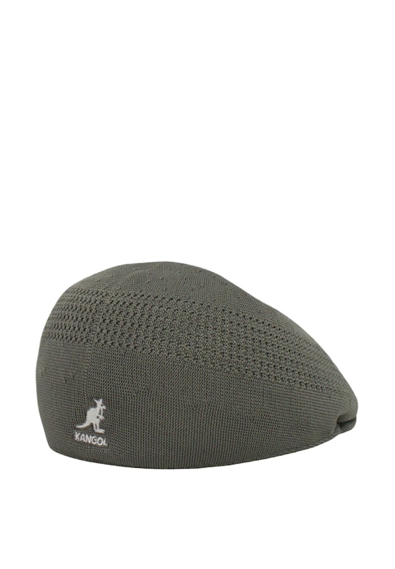 Berretto Kangol in verde oliva, realizzato in tessuto tessuto a trama. Presenta una forma arrotondata e un piccolo logo ricamato sul lato.