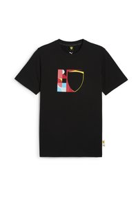 Sort bomulds T-shirt med et flerfarvet grafisk design med geometriske former og en gul kontur i form af et skjold. Korte ærmer og rund hals.