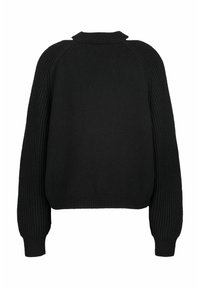 Schwarzer Strickpullover mit hohem Kragen, gerippten Ärmeln und strukturiertem Körper. Besitzt eine lockere, cropped Silhouette mit überschnittenen Schultern.