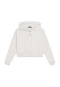 Hoodie cropped in crema, realizzato in tessuto morbido. Presenta una chiusura lampo frontale, tasche a marsupio e un cappuccio regolabile con polsini a coste.