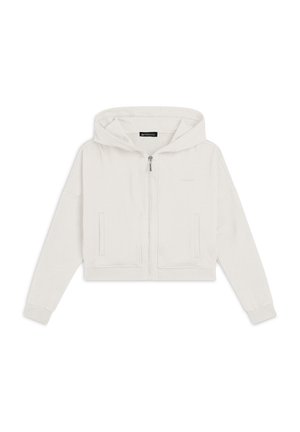 Hoodie cropped in crema, realizzato in tessuto morbido. Presenta una chiusura lampo frontale, tasche a marsupio e un cappuccio regolabile con polsini a coste.