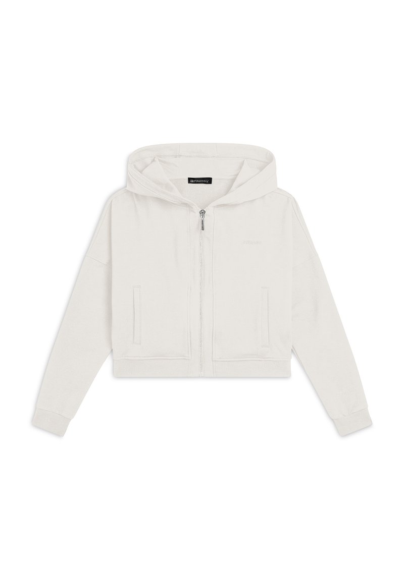 Hoodie cropped in crema, realizzato in tessuto morbido. Presenta una chiusura lampo frontale, tasche a marsupio e un cappuccio regolabile con polsini a coste.