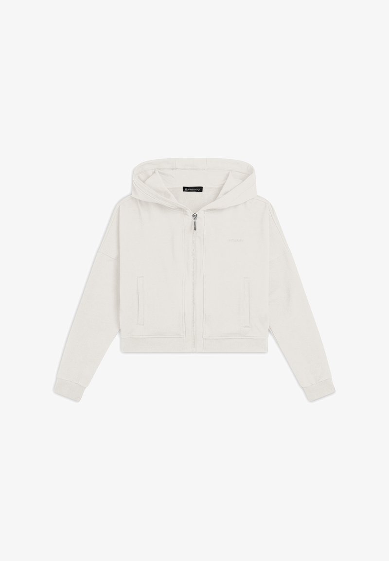 Hoodie cropped in crema, realizzato in tessuto morbido. Presenta una chiusura lampo frontale, tasche a marsupio e un cappuccio regolabile con polsini a coste.