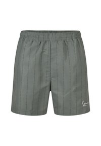 Short gris à taille élastique avec un subtil motif de texte vertical et un logo signature blanc sur la partie inférieure de la jambe.