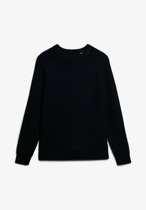 Mørk navy strikket sweater med rund halsudskæring, ribbede manchetter og kant. Har et struktureret mønster på stoffet og raglanærmer.