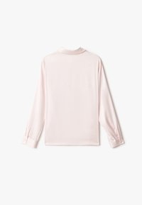 Light pink long-sleeve blouse made of smooth fabric, featuring a collared neck and buttoned cuffs, with a simple, clean design.