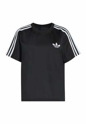 Black short-sleeve T-shirt with white three-stripe detailing on shoulders and sleeves, and small white Adidas logo on left chest.
