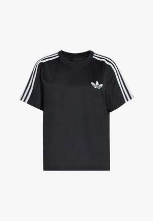 Black short-sleeve T-shirt with white three-stripe detailing on shoulders and sleeves, and small white Adidas logo on left chest.