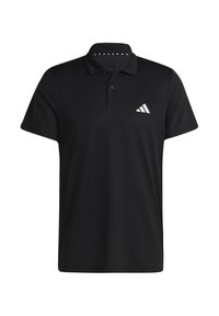 Musta polo-paidan lyhyet hihat, jossa on teksturoitu kangas ja kahden painikkeen nappilista. Vasemmassa rintamuksessa on valkoinen logo.
