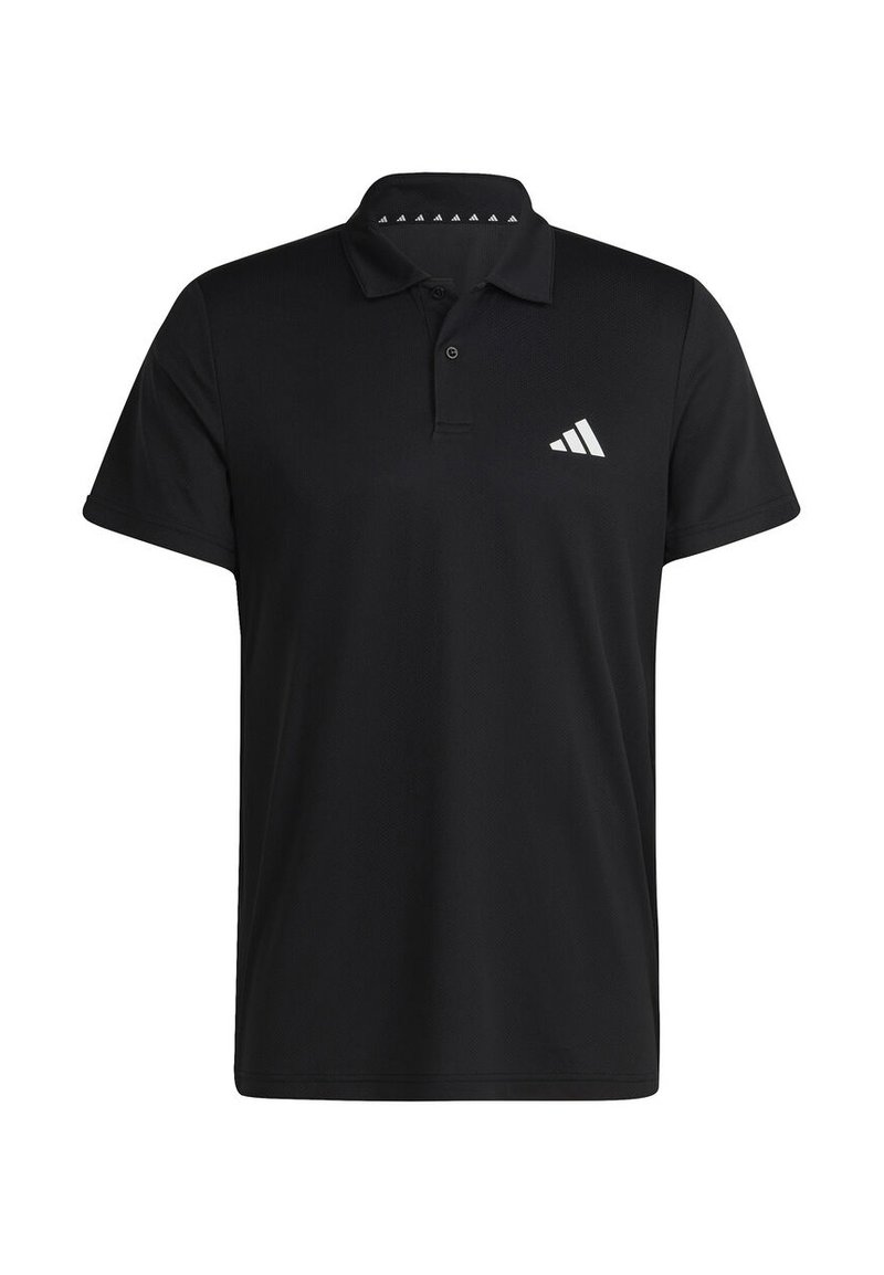 Musta polo-paidan lyhyet hihat, jossa on teksturoitu kangas ja kahden painikkeen nappilista. Vasemmassa rintamuksessa on valkoinen logo.