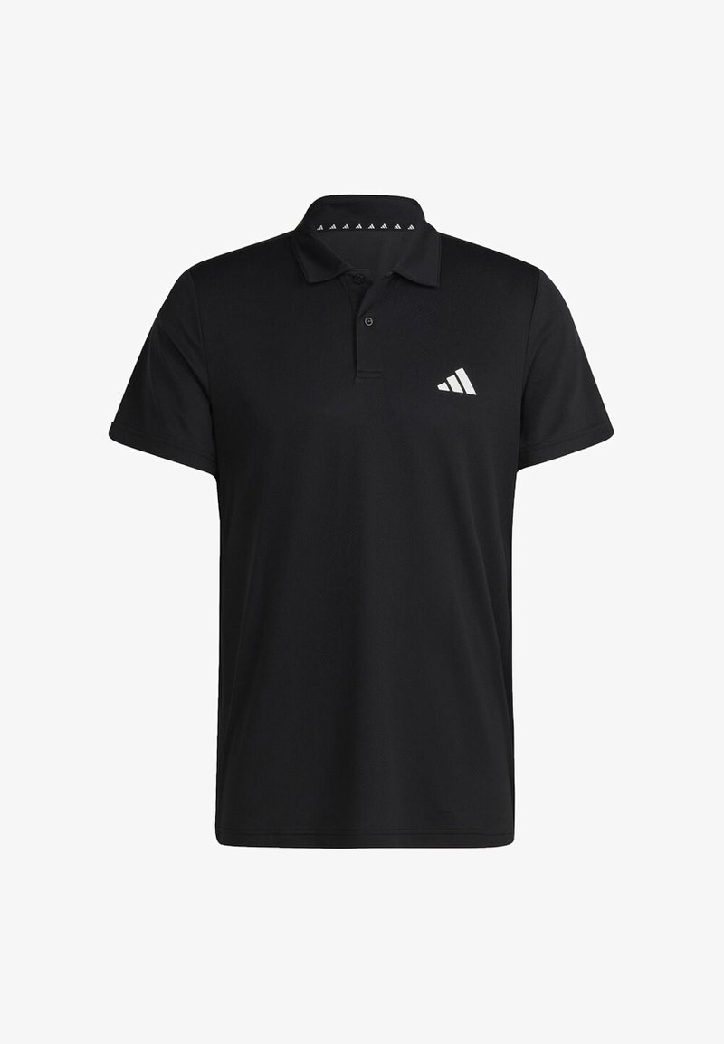 Camisa polo preta com tecido texturizado, mangas curtas e uma pala de dois botões. Apresenta um logótipo branco no lado esquerdo do peito.