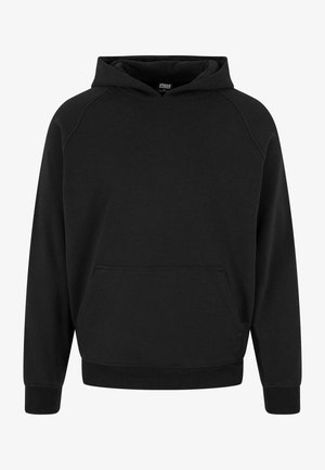 Črn pulover s kapuco, narejen iz mehkega blaga, z kenguru žepom, rebrastimi manšetami in kapuco, ki jo je mogoče nastaviti z vrvico.