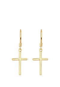 Goldfarbene Kreuzohrringe mit schlichtem Design, glatter Oberfläche und einem Hakenverschluss für sicheren Sitz.