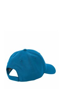 Blaues Baumwoll-Baseballcap mit strukturiertem Design, gebogenem Schirm, Belüftungsöffnungen und verstellbarem Riemen auf der Rückseite.