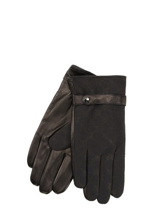 Paar schwarze Lederhandschuhe, einer mit Knopfverschluss und dezentem Muster, ordentlich auf weißem Hintergrund geschichtet.