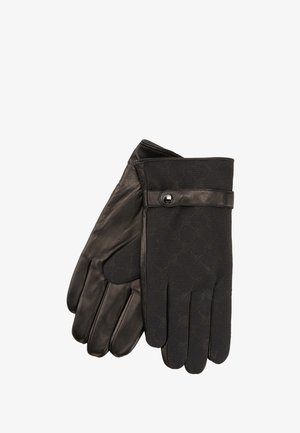 Paar schwarze Lederhandschuhe, einer mit Knopfverschluss und dezentem Muster, ordentlich auf weißem Hintergrund geschichtet.