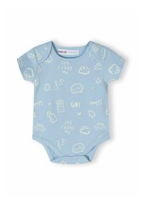 Svijetloplava bebi majica od mekanog pamuka, s bijelim ilustracijama oblaka, automobila i zgrada, te kopčanjem na dnu.