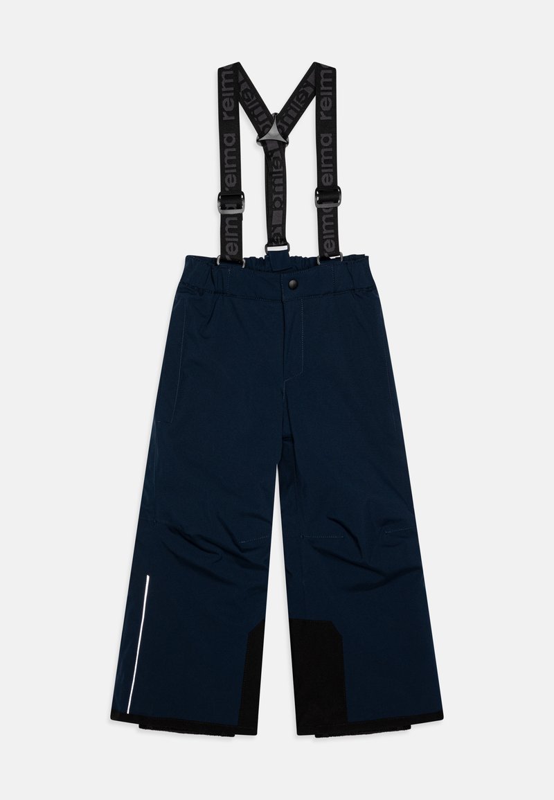 Mørkeblå vanntette snøbukser med justerbare svarte seler, bred bendesign, reflekterende striper og forsterkede svarte lapper ved anklene.