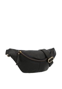 Marsupio in pelle nera con design curvo, dettagli in zip dorata, tracolla regolabile e texture liscia. Presenta una tasca laterale e cuciture minime.