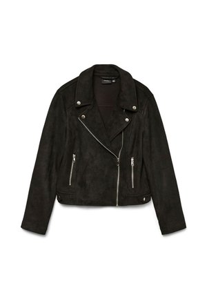 Casaco de motociclista preto em camurça sintética com gola de lapela, fechos de correr prateados e dois bolsos frontais com fecho de correr. Apresenta um design curto.