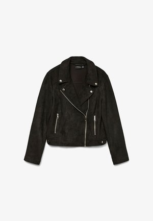 Casaco de motociclista preto em camurça sintética com gola de lapela, fechos de correr prateados e dois bolsos frontais com fecho de correr. Apresenta um design curto.