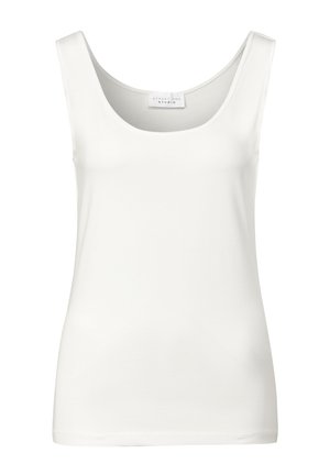 Hvid ærmeløs tanktop med rund halsudskæring. Lavet af glat stof, præget af et minimalistisk design og en blød tekstur.