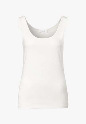 Débardeur blanc sans manches avec un col arrondi. Fabriqué en tissu lisse, il présente un design minimaliste et une texture douce.