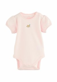 Lyserød bomulds baby bodysuit med korte pufærmer, med et blomstrende broderidesign i midten og trykknapper i bunden.