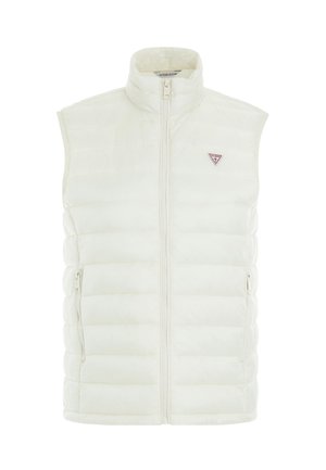 White sleeveless puffer vest with a front zipper, side pockets, and a small red triangle logo on the left chest; quilted texture.