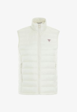 Gilet doudoune sans manches blanc avec une fermeture éclair à l'avant, des poches latérales et un petit logo triangle rouge sur la poitrine gauche ; texture matelassée.