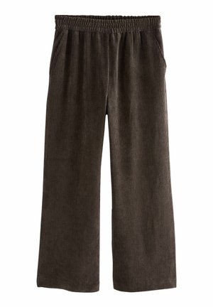 Pantaloni largi din bumbac păstăios maro, cu talie elastică, având o textură verticală cu nervuri și buzunare laterale.