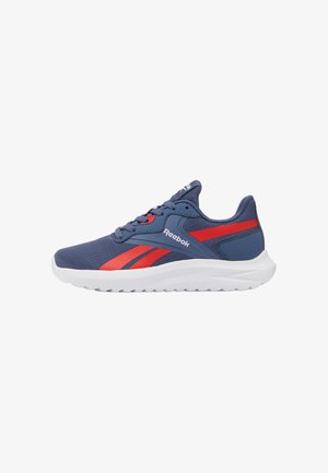 Scarpa sportiva Reebok blu e rossa con suola bianca, tomaia in mesh, chiusura con lacci e logo del marchio sul lato e sulla linguetta, vista laterale.