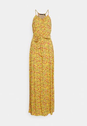 Robe maxi jaune sans manches avec un motif floral rose, rouge et vert, fines bretelles et ceinture nouée à la taille.