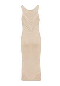 Beżowa dzianinowa sukienka bez rękawów o teksturowanym wykończeniu, z wzorem w zygzak i ażurowymi akcentami wzdłuż koronkowej części i dołu.