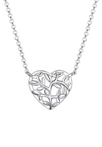 Sølv halskæde med et hjerteformet vedhæng, der har et design med grene og detaljerede blade, samt en delikat kæde.