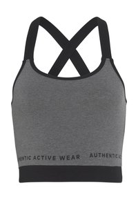 Grauer Sport-BH mit schwarzen Kreuzträgern und einem schwarzen Saum unten, der den Text "AUTHENTIC ACTIVE WEAR" zeigt. Glattes, dehnbares Material.